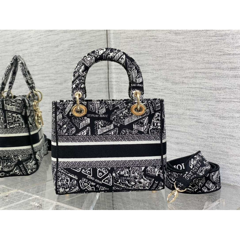 D*or medium lady d-lite bag black and white plan de paris embroidery