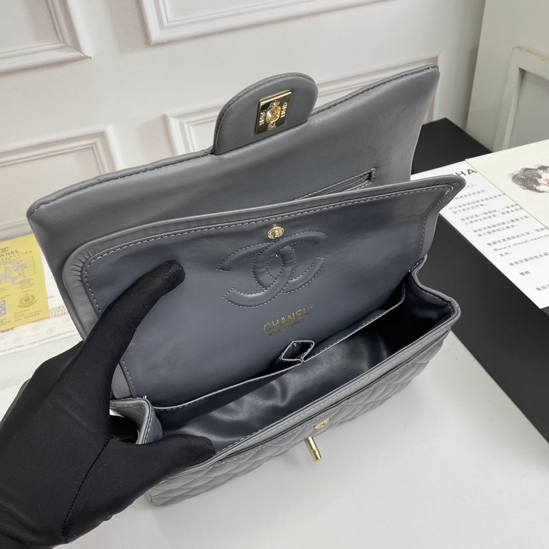 Ch*el cf leather rock gray gold buckle flap bag