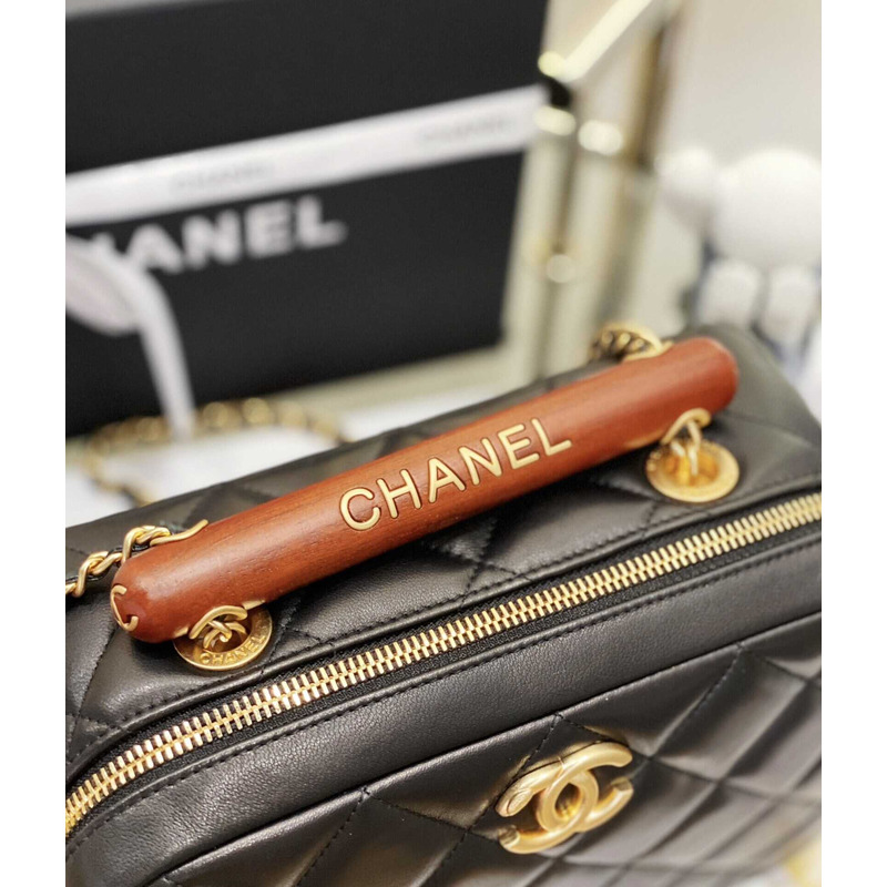 Ch*el mini bowling bag lambskin & wenge wood black