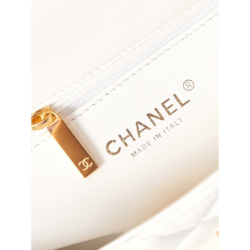 Ch*el small flap bag with handle polished lambskin & gold-tone metal white