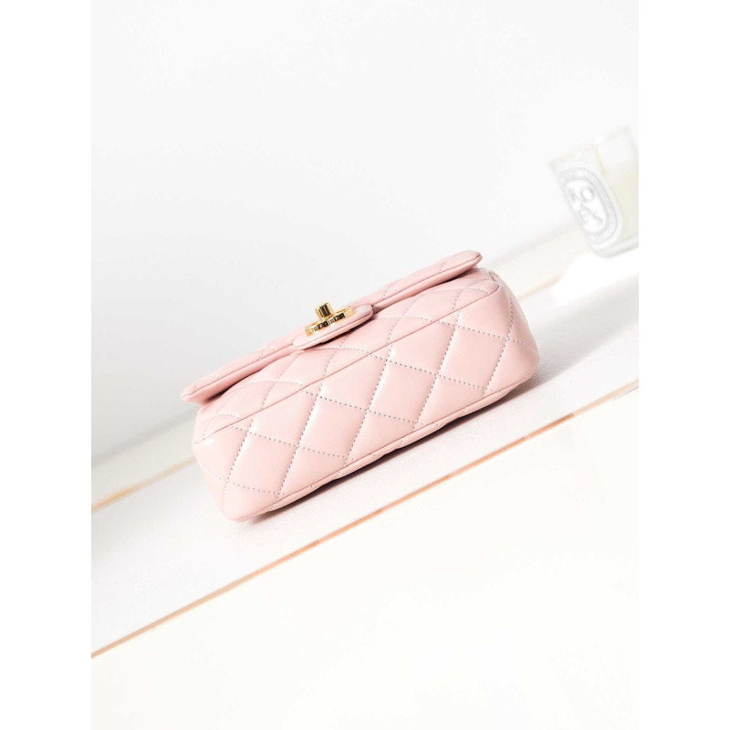 Ch*el small flap bag with handle polished lambskin & gold-tone metal pink