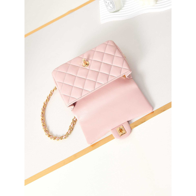 Ch*el small flap bag with handle polished lambskin & gold-tone metal pink