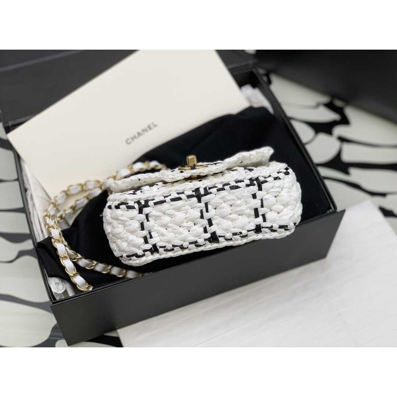 Ch*el mini flap bag raffia effect tweed & gold-tone metal white