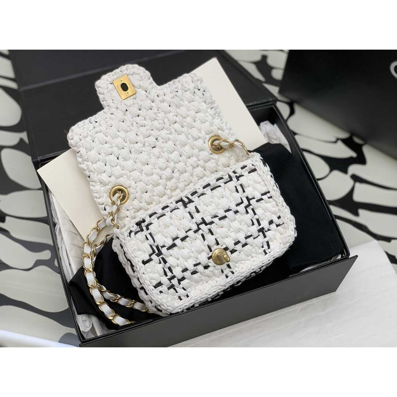 Ch*el mini flap bag raffia effect tweed & gold-tone metal white