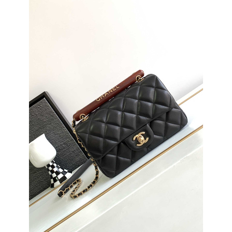 Ch*el small handle flap bag lambskin wood gold-tone metal black