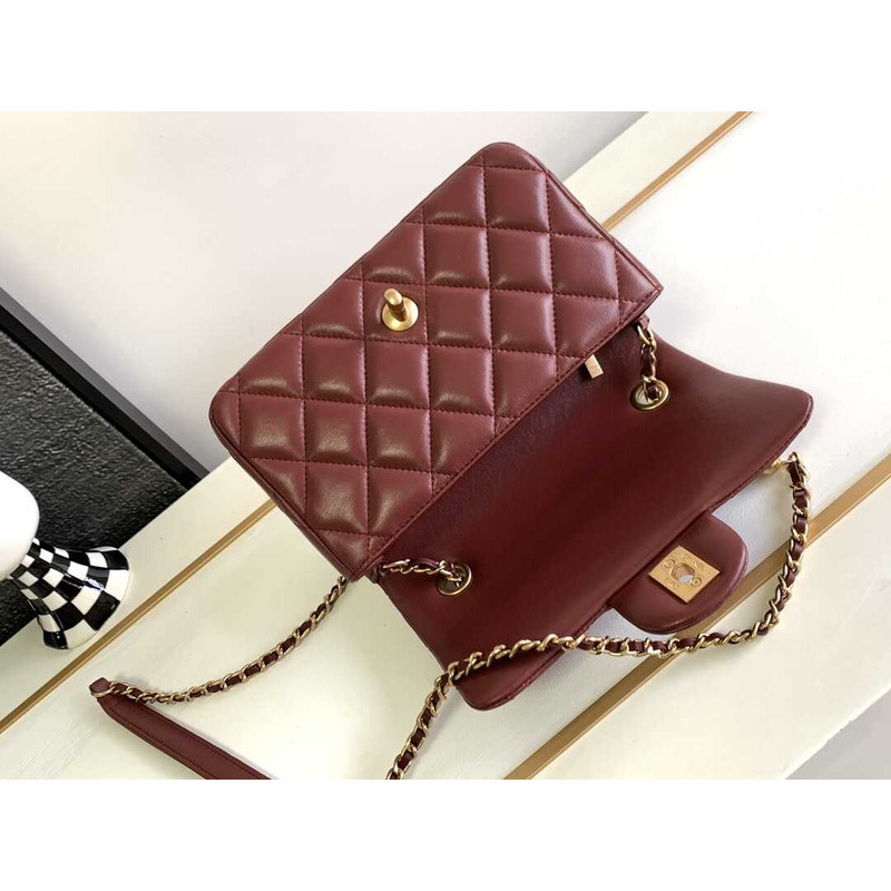 Ch*el small handle flap bag lambskin wood gold-tone metal burgundy