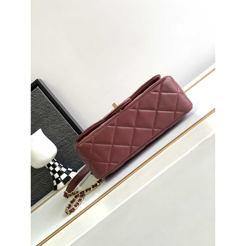 Ch*el small handle flap bag lambskin wood gold-tone metal burgundy