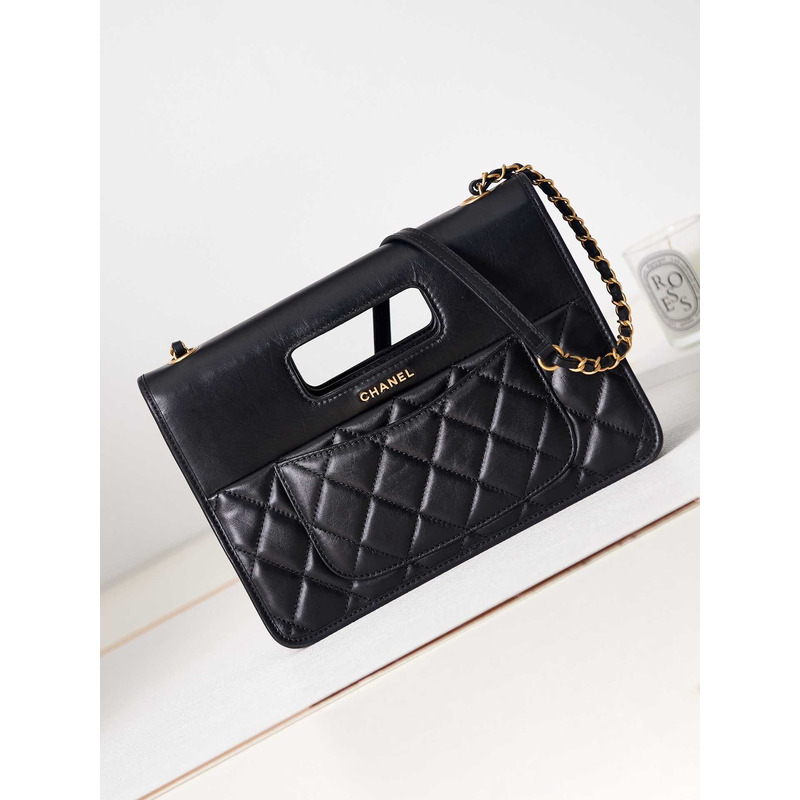 Ch*el mini flap bag with handle calfskin & gold-tone metal black