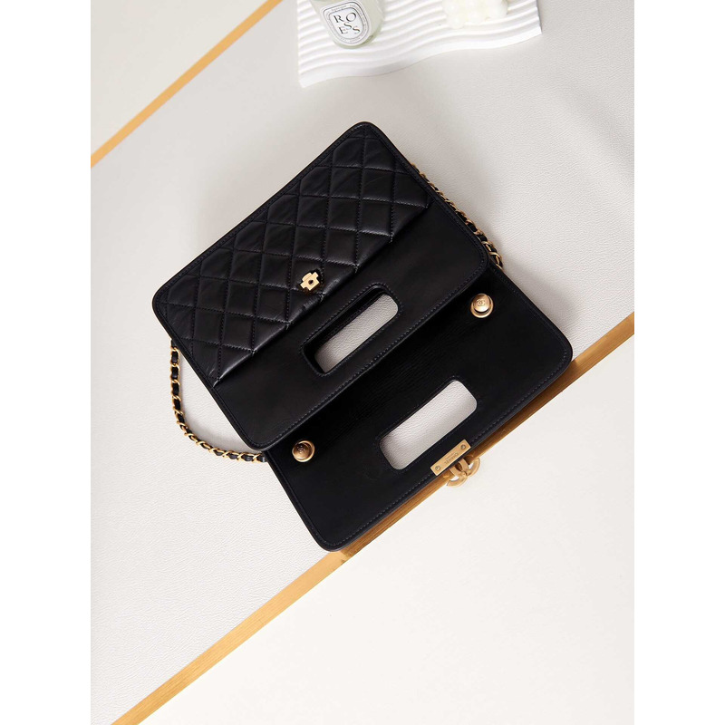 Ch*el mini flap bag with handle calfskin & gold-tone metal black