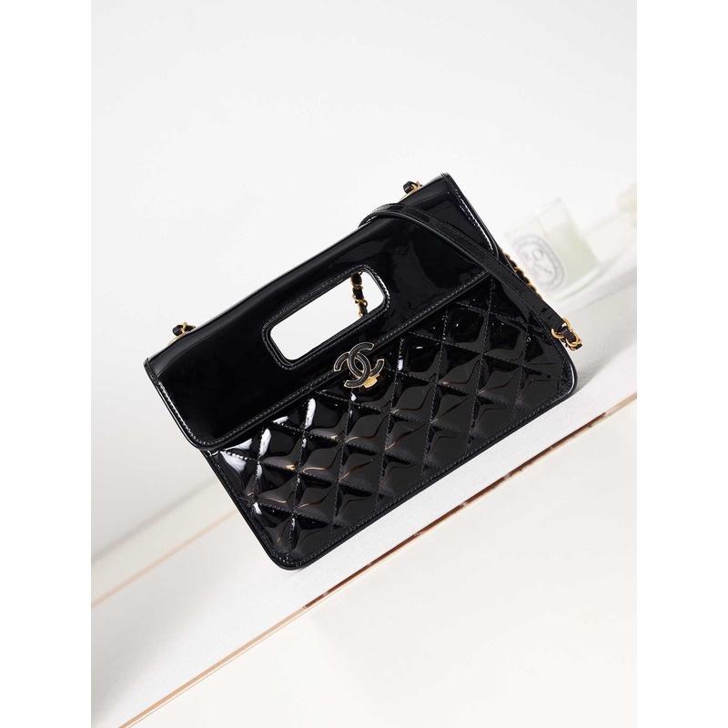 Ch*el mini flap bag with handle patent calfskin & gold-tone metal black