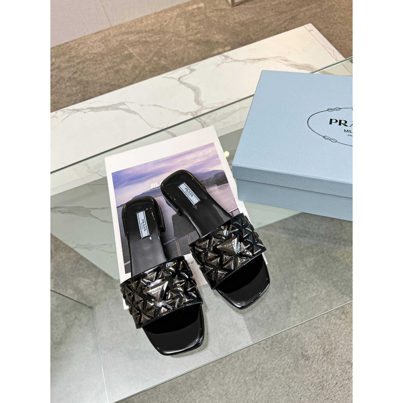 Pra*a leather studded metallic slides black
