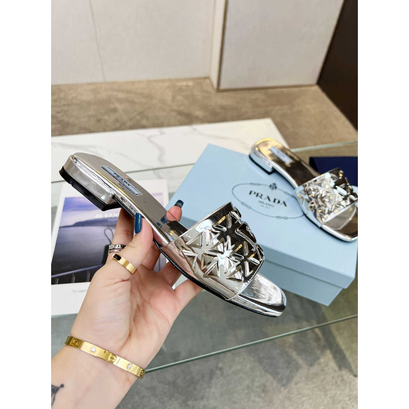 Pra*a leather studded metallic slides silver