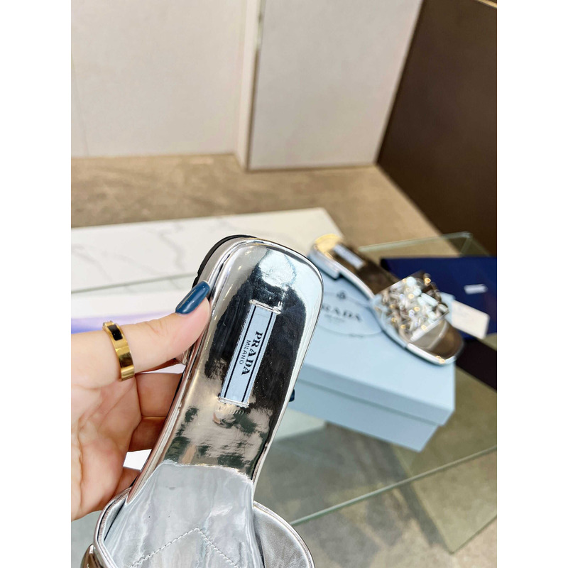 Pra*a leather studded metallic slides silver