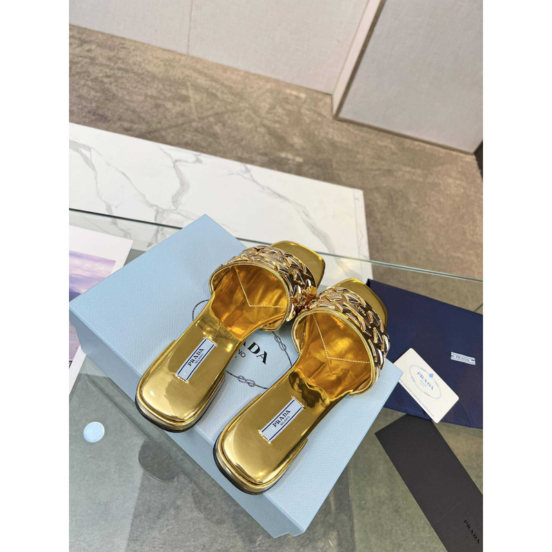Pra*a leather studded metallic slides gold