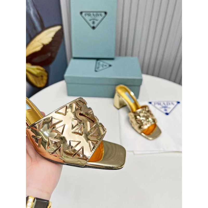 Pra*a leather studded metallic heel 7mm gold