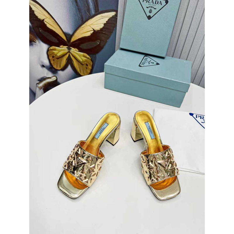 Pra*a leather studded metallic heel 7mm gold