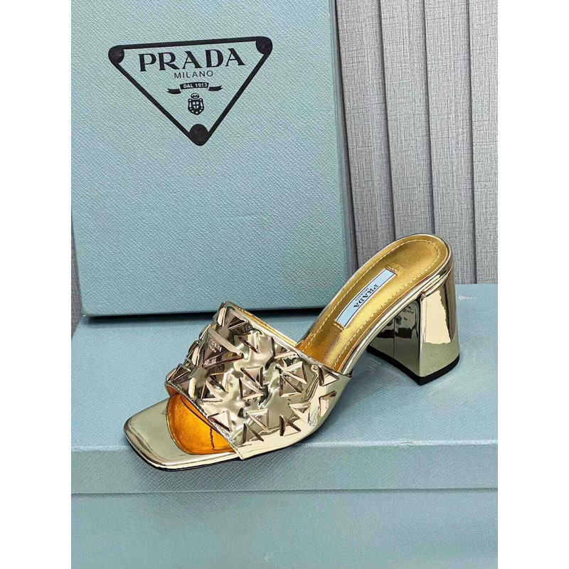 Pra*a leather studded metallic heel 7mm gold