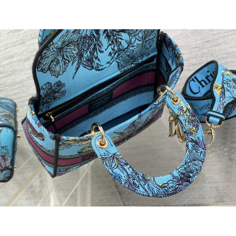 D*or medium lady d-lite bag celestial blue multicolor toile de jouy voyage embroidery
