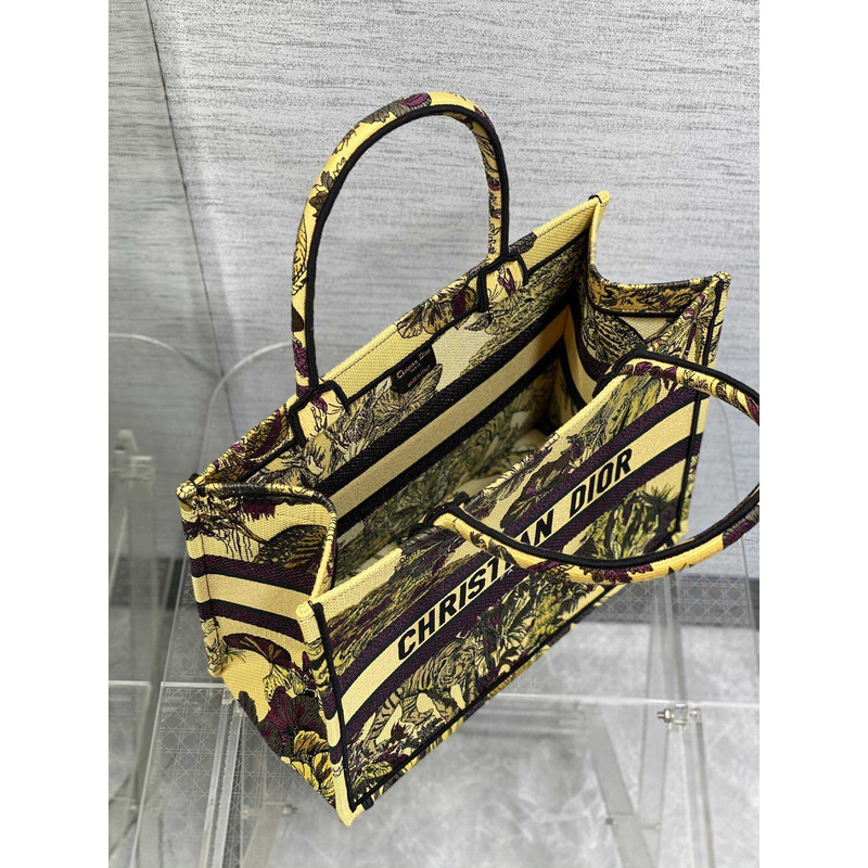 D*or medium book tote bag multicolour voyage jouy print embroidery on yellow fabric