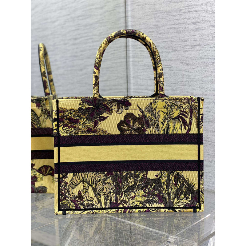 D*or medium book tote bag multicolour voyage jouy print embroidery on yellow fabric