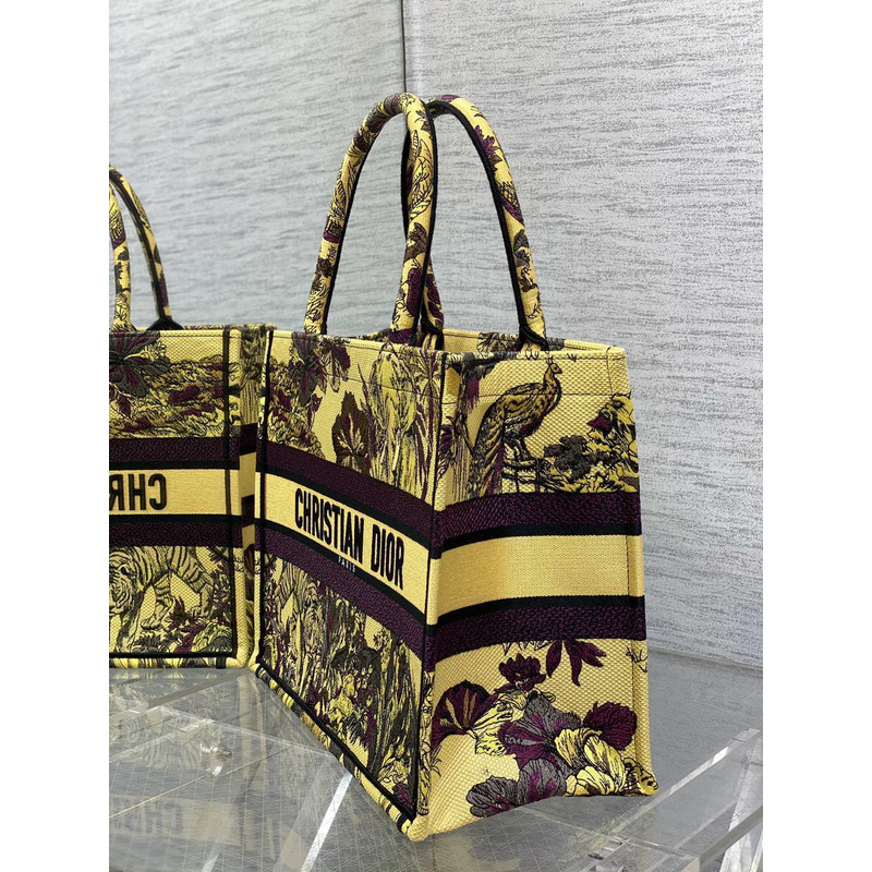 D*or medium book tote bag multicolour voyage jouy print embroidery on yellow fabric