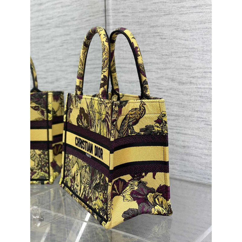 D*or small book tote bag multicolour voyage jouy print embroidery on yellow fabric