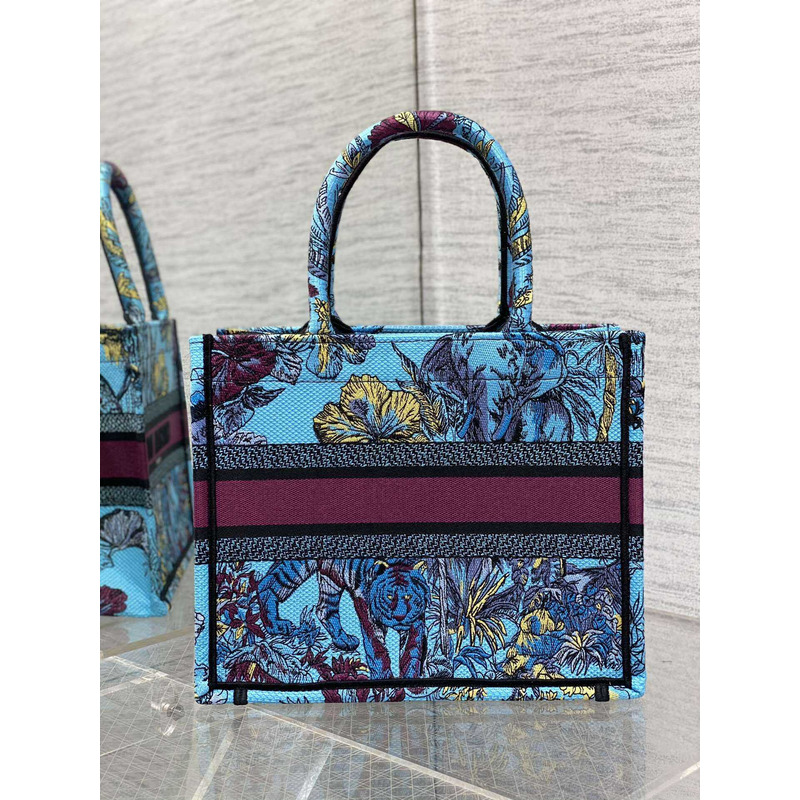 D*or small book tote bag space blue fabric with multicolor voyage jouy print embroidery