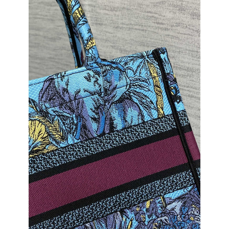 D*or small book tote bag space blue fabric with multicolor voyage jouy print embroidery