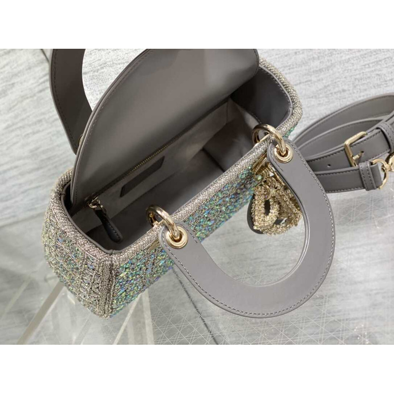 D*or mini lady D*or bag metallic calfskin and satin grey resin bead embroidery