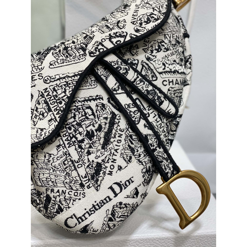 D*or saddle bag with strap full black and white plan de paris embroidery