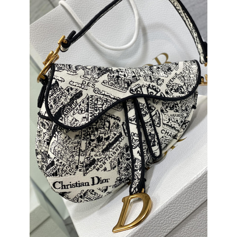D*or saddle bag with strap full black and white plan de paris embroidery