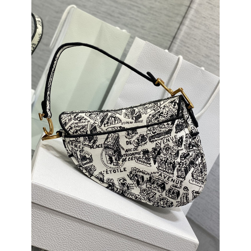 D*or saddle bag with strap full black and white plan de paris embroidery