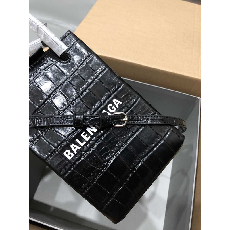 Ba*len*cia*ga textured calfskin logo shopping phone holder bag black