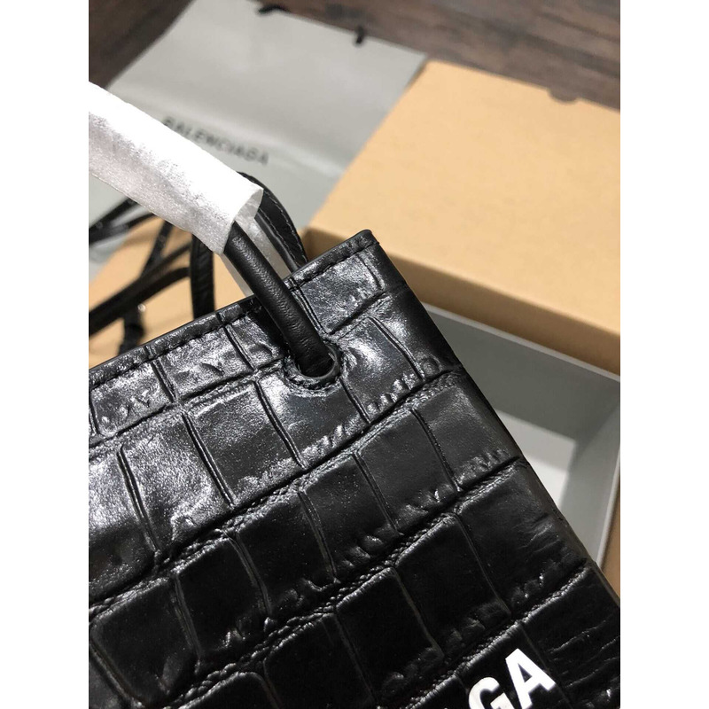 Ba*len*cia*ga textured calfskin logo shopping phone holder bag black