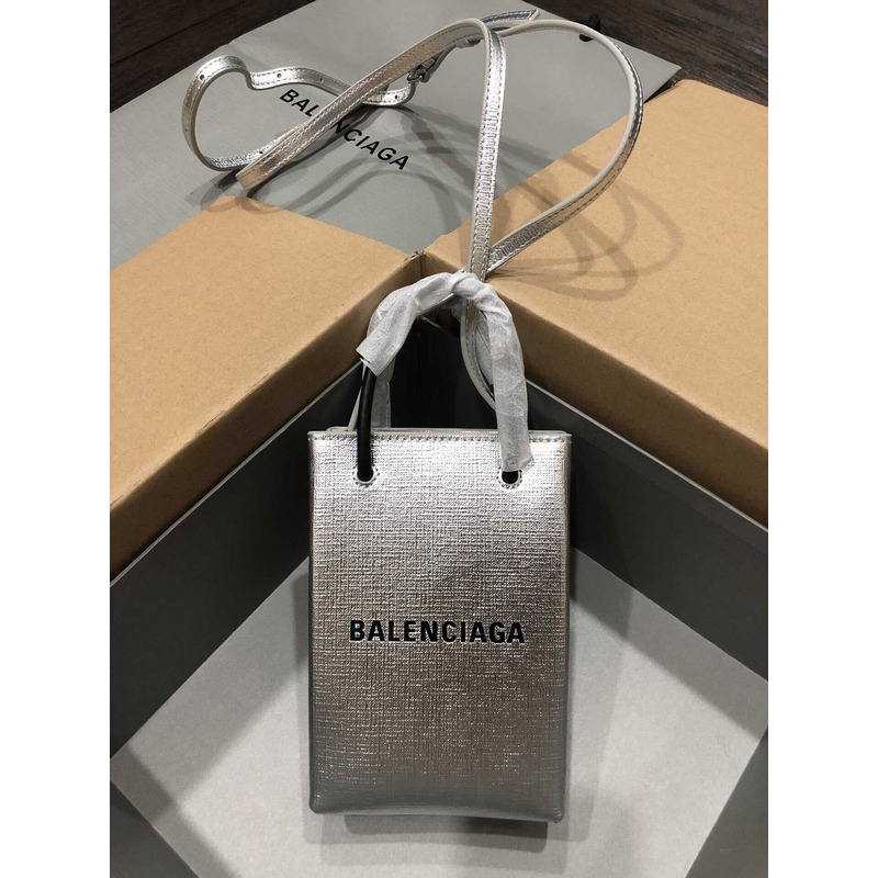 Ba*len*cia*ga textured calfskin logo shopping phone holder bag silver