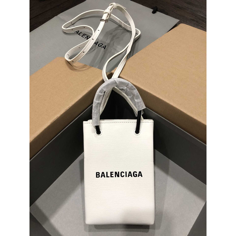 Ba*len*cia*ga textured calfskin logo shopping phone holder bag white