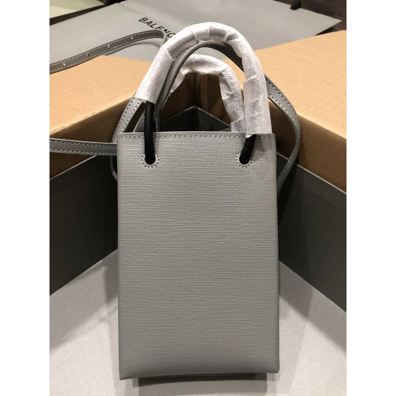 Ba*len*cia*ga textured calfskin logo shopping phone holder bag gray