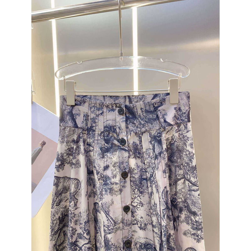 D*or mid length skirt white and navy toile de jouy cotton-gauze