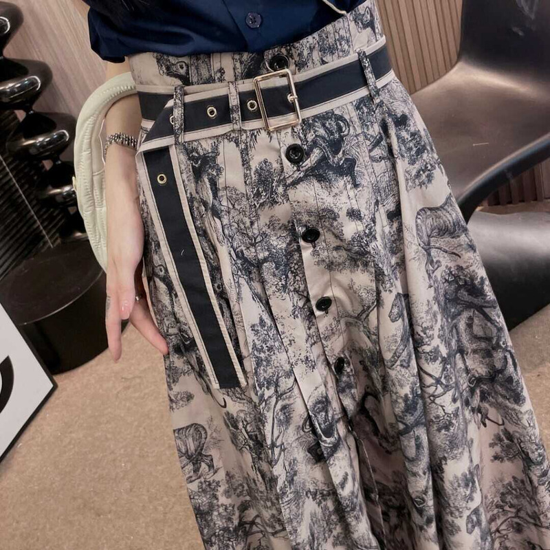 D*or mid length skirt white and navy toile de jouy cotton-gauze