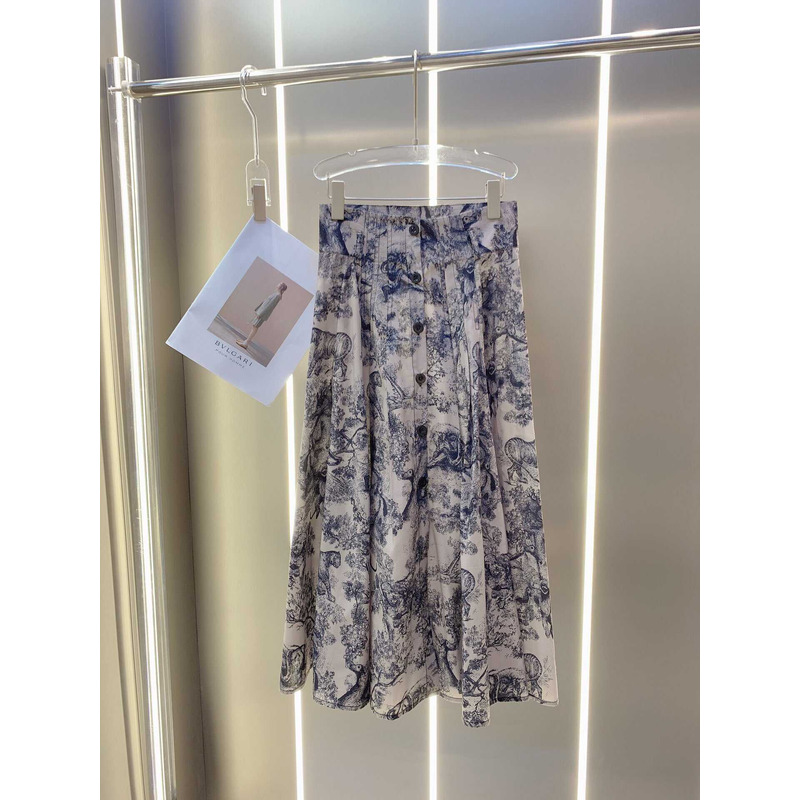D*or mid length skirt white and navy toile de jouy cotton-gauze