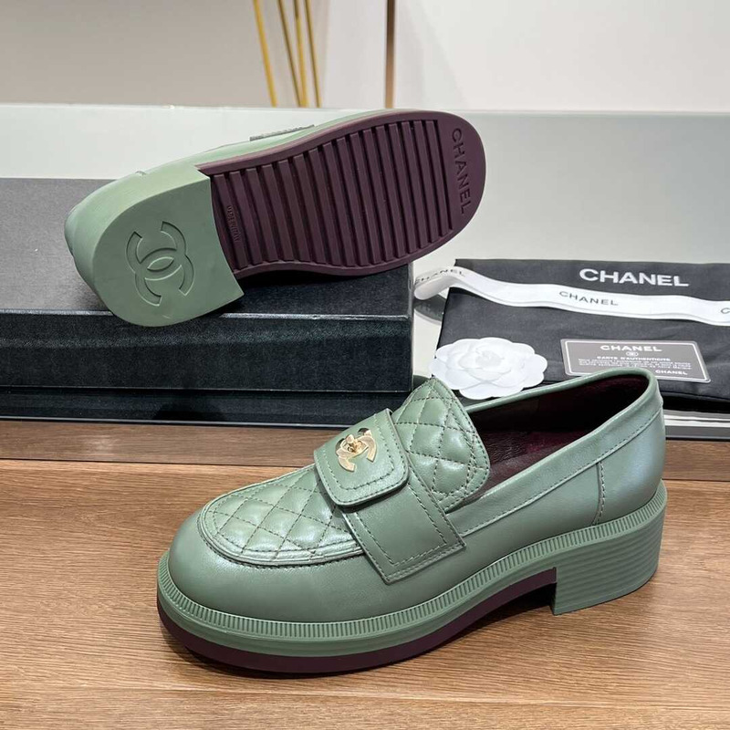 Ch*el lambskin leather loafer green
