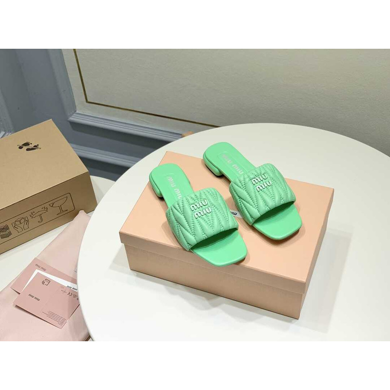 Miu Miu Matelassé Slipper Sandal In Soft Suede Green