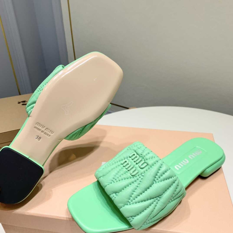 Miu Miu Matelassé Slipper Sandal In Soft Suede Green