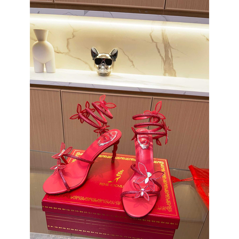 Rene Caovilla Leruy Diamante Butterfly Wrap High Heel Sandals  Red