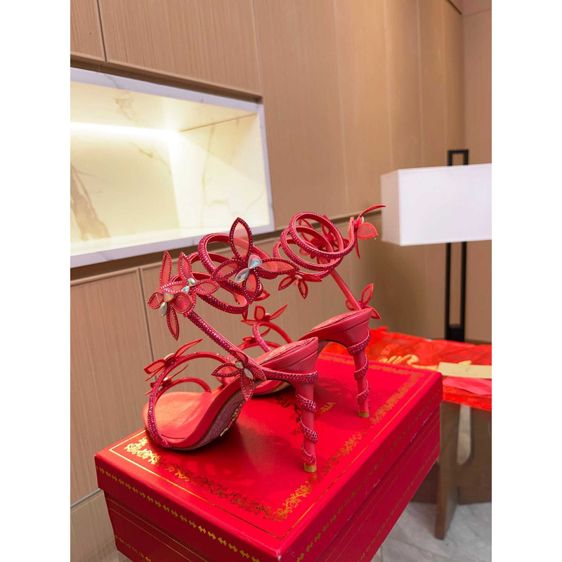 Rene Caovilla Leruy Diamante Butterfly Wrap High Heel Sandals  Red