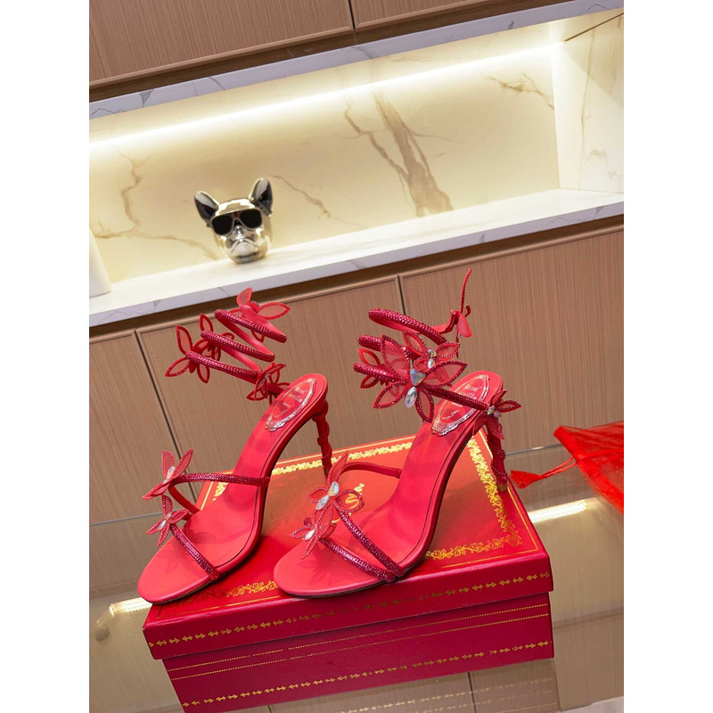 Rene Caovilla Leruy Diamante Butterfly Wrap High Heel Sandals  Red