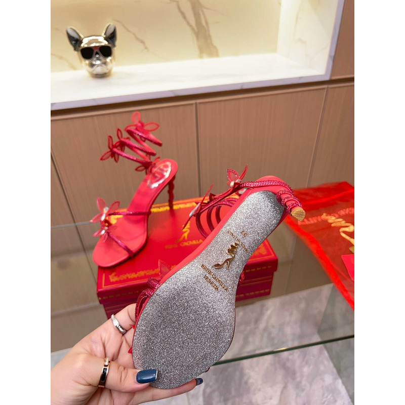 Rene Caovilla Leruy Diamante Butterfly Wrap High Heel Sandals  Red