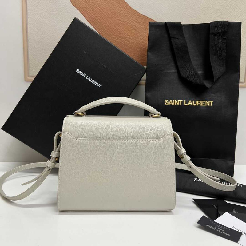 Saint Laurent Cassandra Mini Grained Embossed Leather Shoulder Crossbody Light Grey