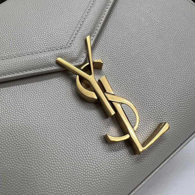 Saint Laurent Cassandra Mini Grained Embossed Leather Shoulder Crossbody Light Grey