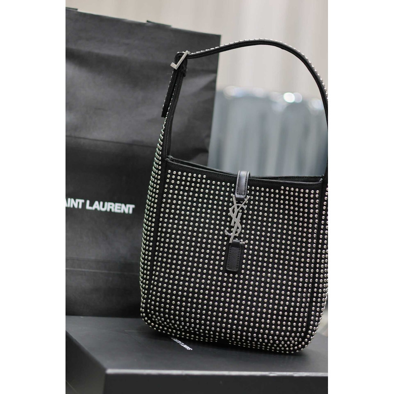 Saint Laurent LE 5 À 7 Hobo Bag In Canvas Leather And Studs